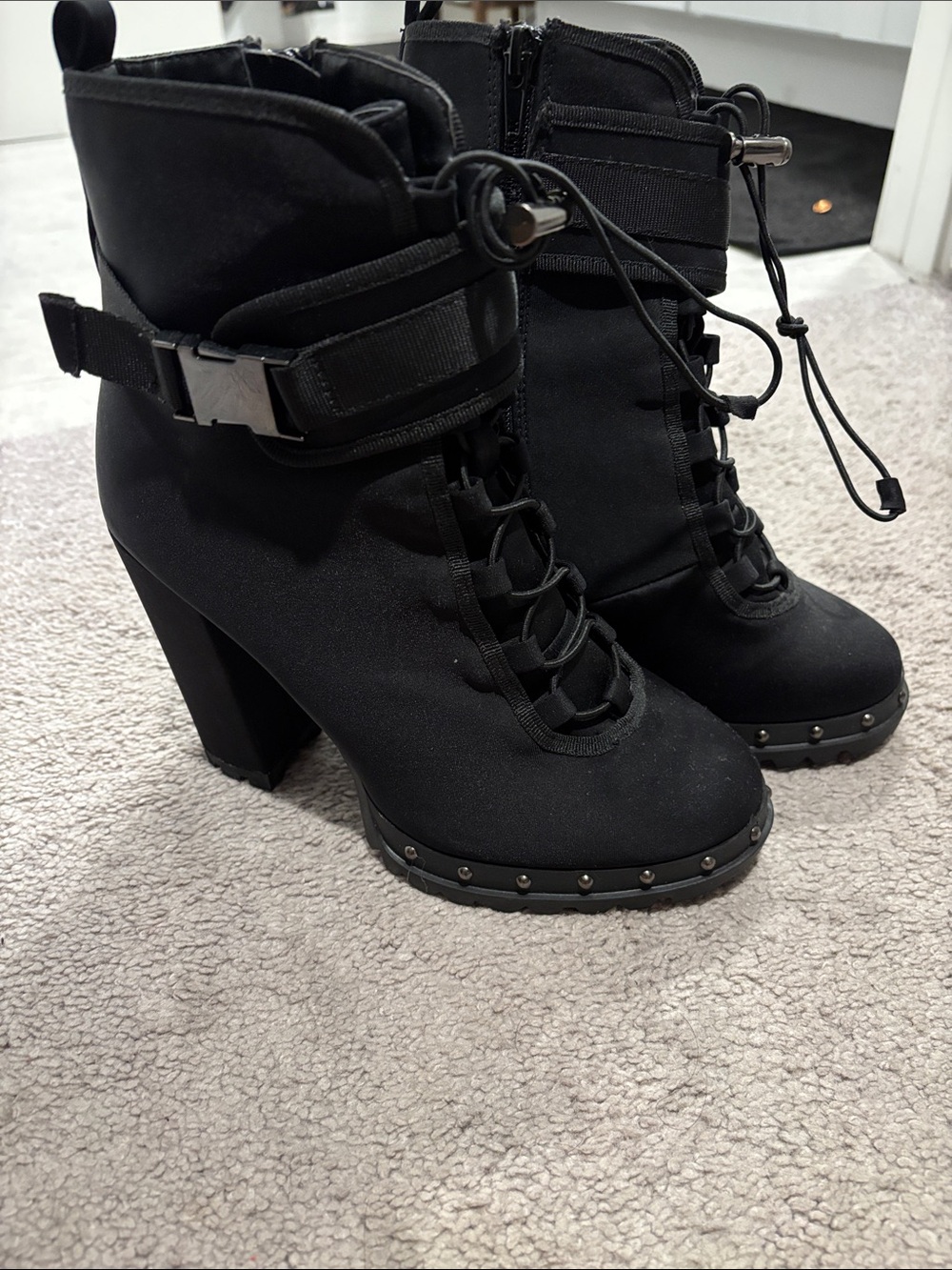 Women's Black Lace-Up Studded High Heel Ankle Boots